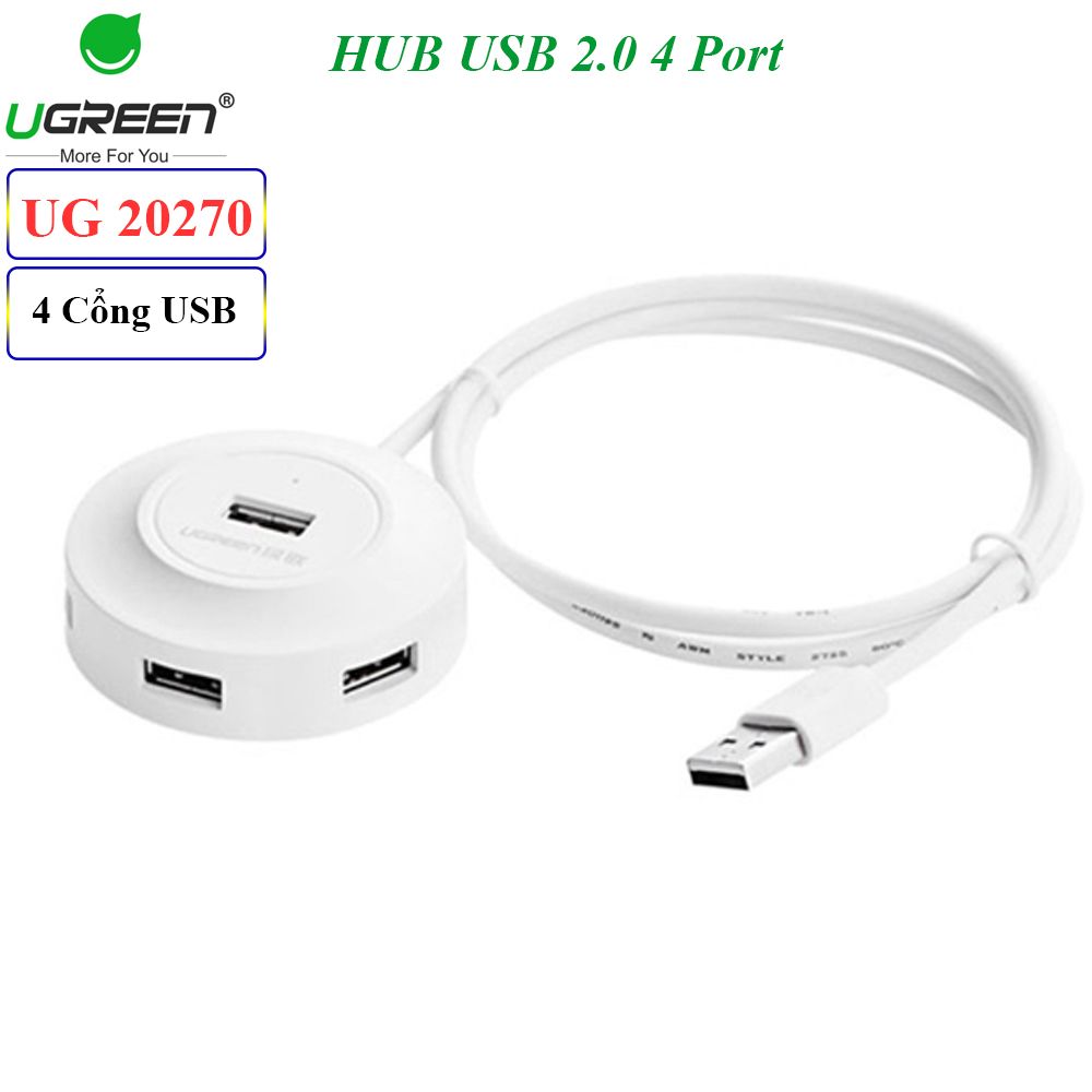  Bộ chia USB 2.0 4 cổng UGREEN 20277 có hỗ trợ nguồn ngoài - dài 80Cm 