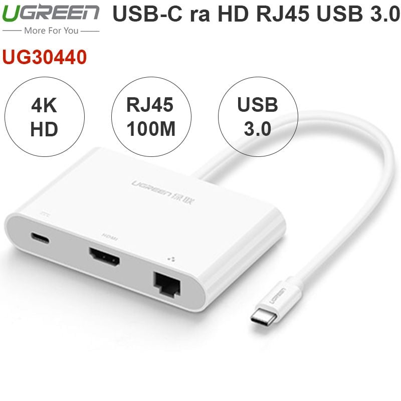 USB Type-C sang HDMI 4K Lan RJ45 10/100Mbps USB 3.0 Ugreen 30440