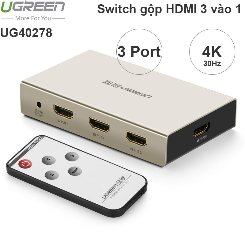  Bộ chuyển mạch HDMI 3x1 Ugreen 40278 hỗ trợ 3D 4K30Hz có điều khiển 