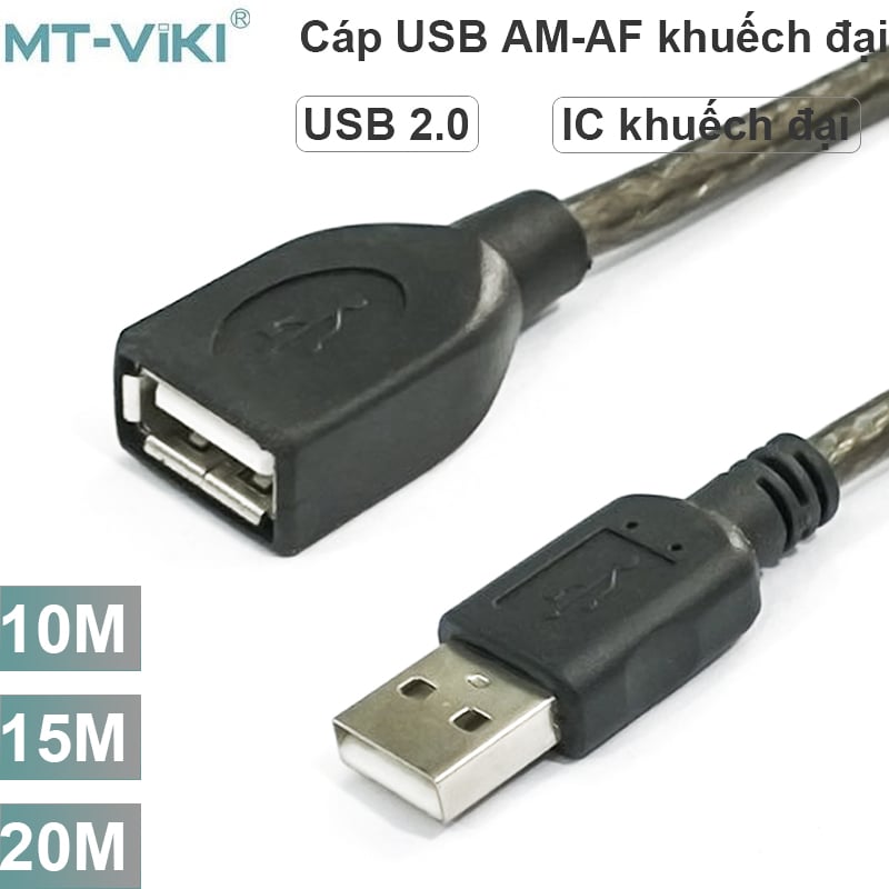 Cáp nối dài USB 2.0 AM-AF 1 đầu đực 1 đầu cái 10M 15M 20M chính hãng MT-VIKI - Có IC khuếch đại