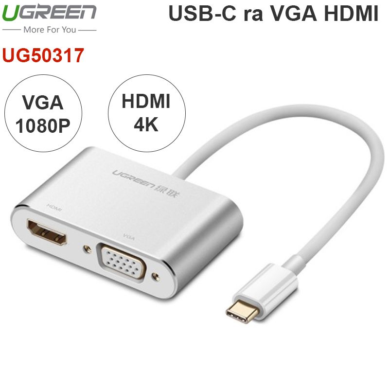 USB type-C to HDMI VGA 15Cm hỗ trợ 1080P 4K30Hz UGREEN 50317 vỏ nhôm