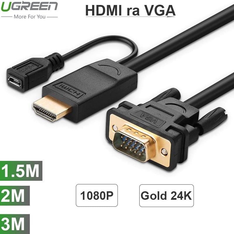 HDMI sang VGA 1080P 1.5M 2M 3M Ugreen hỗ trợ nguồn - Dây cáp HD sang VGA