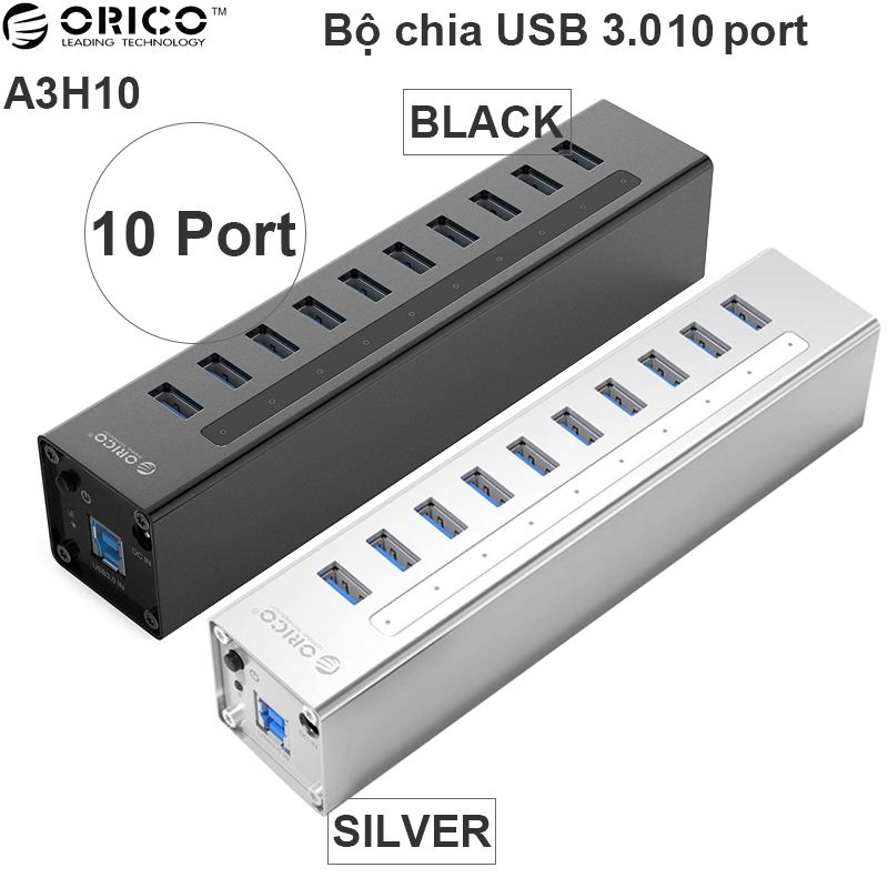 Bộ chia USB 3.0 10 cổng nguồn ngoài 12V vỏ nhôm Orico A3H10