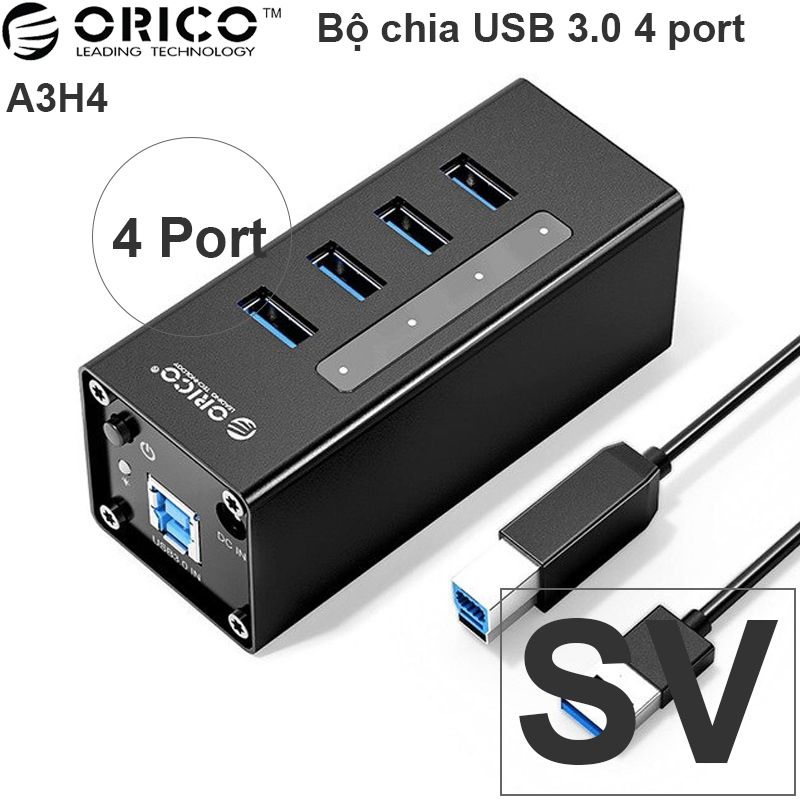  Bộ chia USB 3.0 4 cổng nguồn ngoài 12V vỏ nhôm orico A3H4 