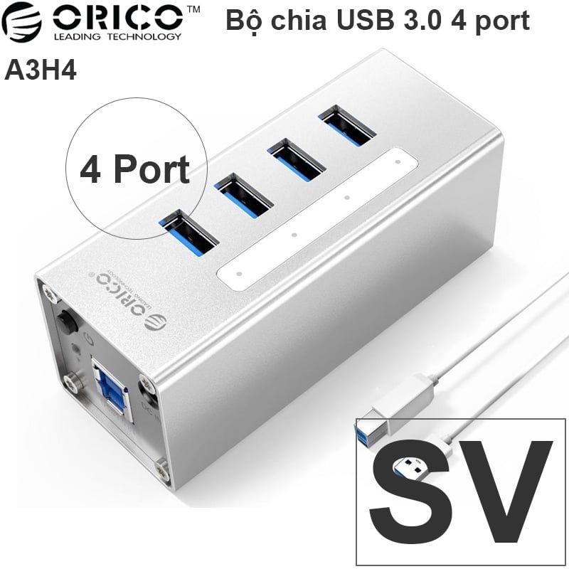  Bộ chia USB 3.0 4 cổng nguồn ngoài 12V vỏ nhôm orico A3H4 