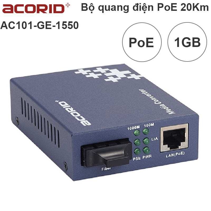 Bộ khuếch đại quang điện mạng internet gigabit qua cáp quang 20Km hỗ trợ PoE Acorid AC101-GE-1550