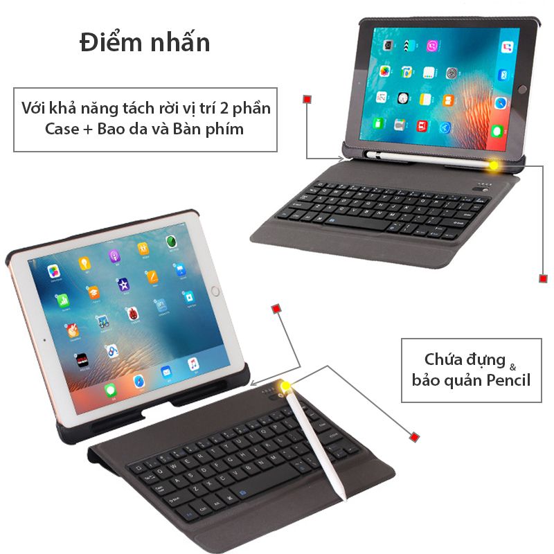  Bàn phím bao da Bluetooth cho iPad Air Air 2 Pro 9.7 New iPad 2018 có LED BOW T201D 