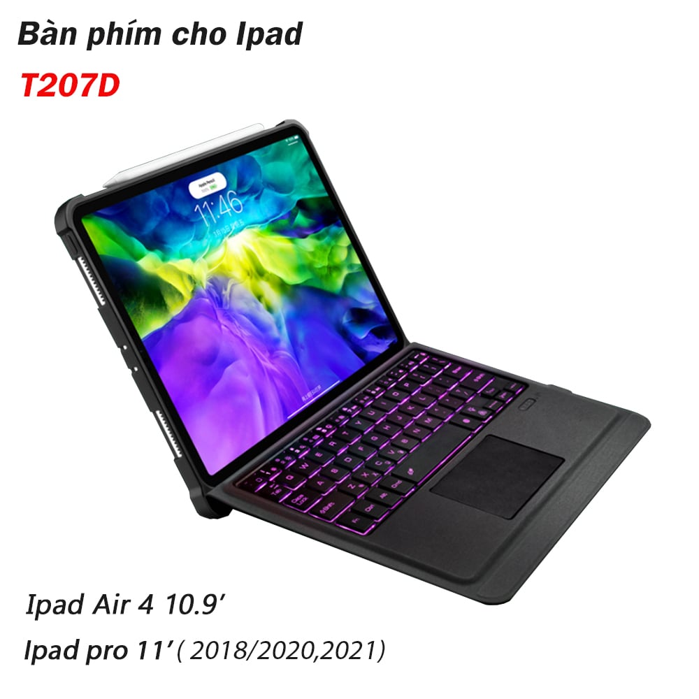 Bàn phím bluetooth kèm bao da cho iPad Pro 11 2018 2020 M1 2021 Ipad air4 10.9 có đèn led T207D