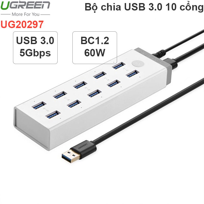  Bộ chia 10 cổng USB 3.0 5Gbps cắm nguồn ngoài hỗ trợ sạc thiết bị di động Ugreen 20297 