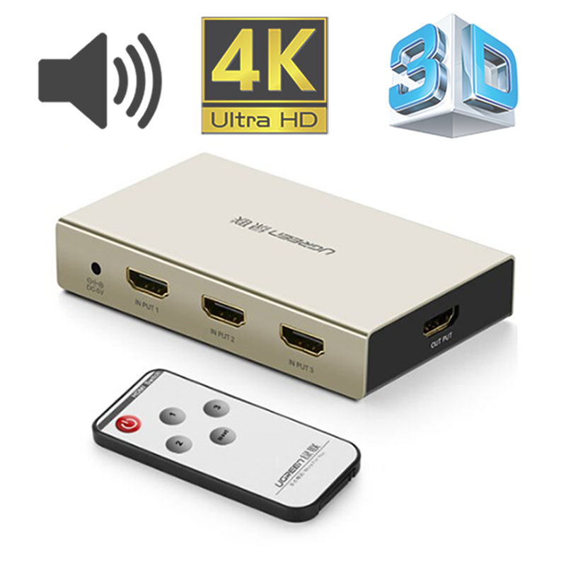Bộ chuyển mạch HDMI 3x1 Ugreen 40278 hỗ trợ 3D 4K30Hz có điều khiển
