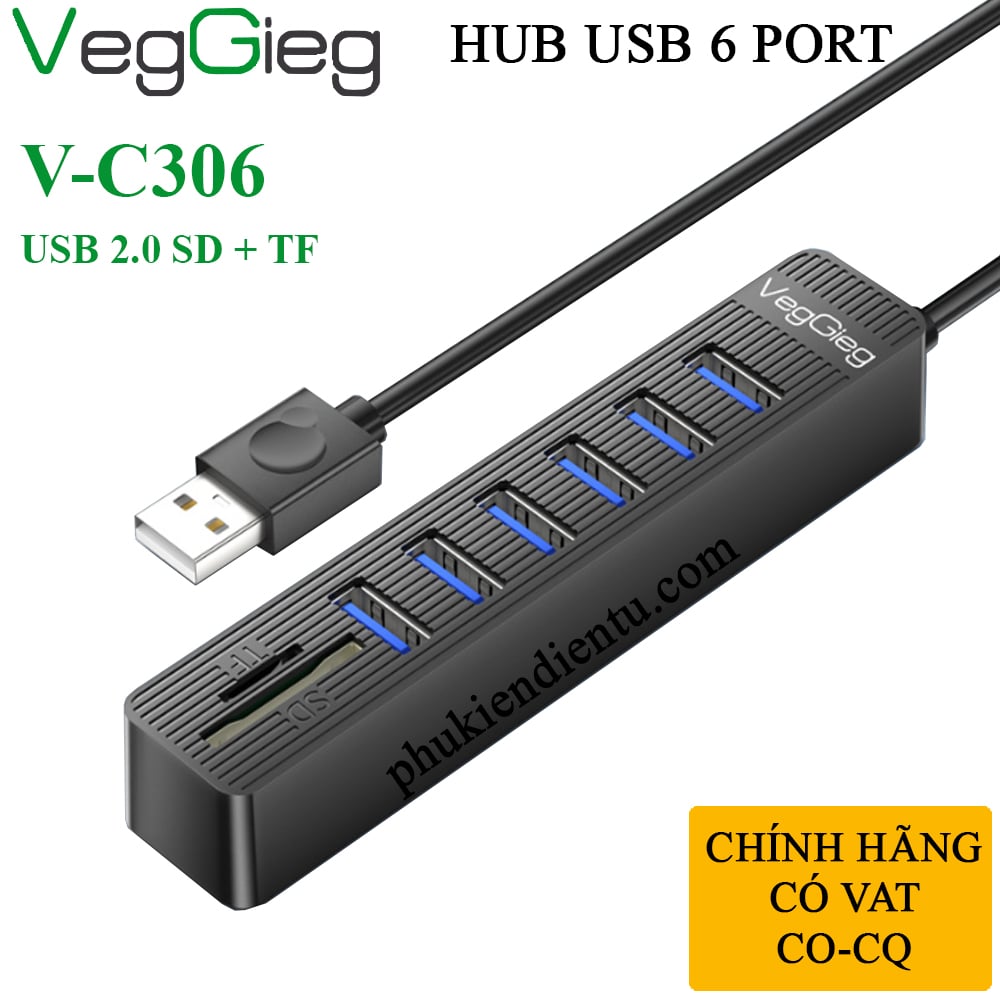 Bộ Chia USB 2.0 ra 6 Cổng USB và Đọc Thẻ Nhớ SD/TF Chính Hãng Veggieg V-C306 - Hub USB 8 trong 1