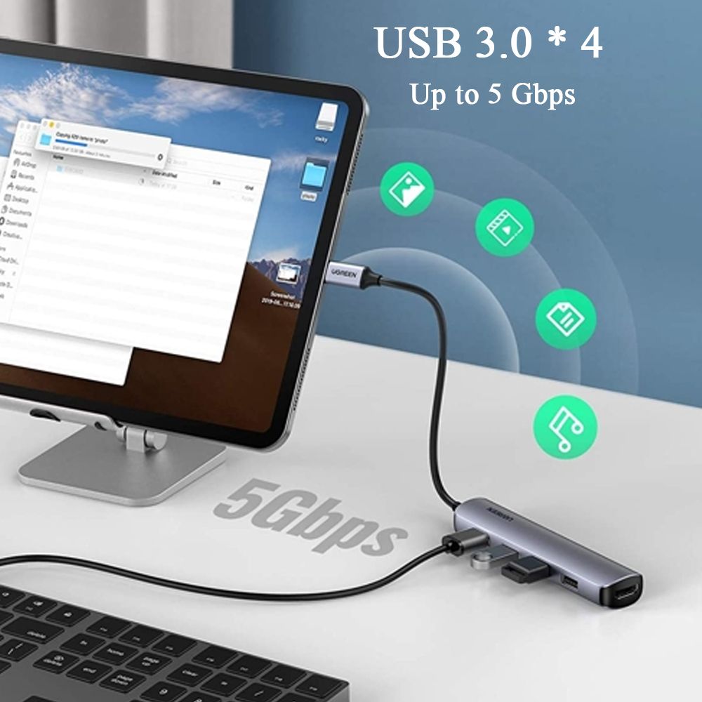  Bộ chia USB typeC ra HDMI 4K@30Hz và 4 cổng USB 3.0 chính hãng Ugreen 20197 