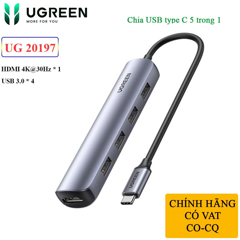  Bộ chia USB typeC ra HDMI 4K@30Hz và 4 cổng USB 3.0 chính hãng Ugreen 20197 