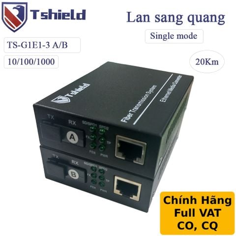 Bộ kéo dài RJ45 qua cáp quang Single mode 20Km Gigabit chính hãng T-Shield TS-G1E1-3