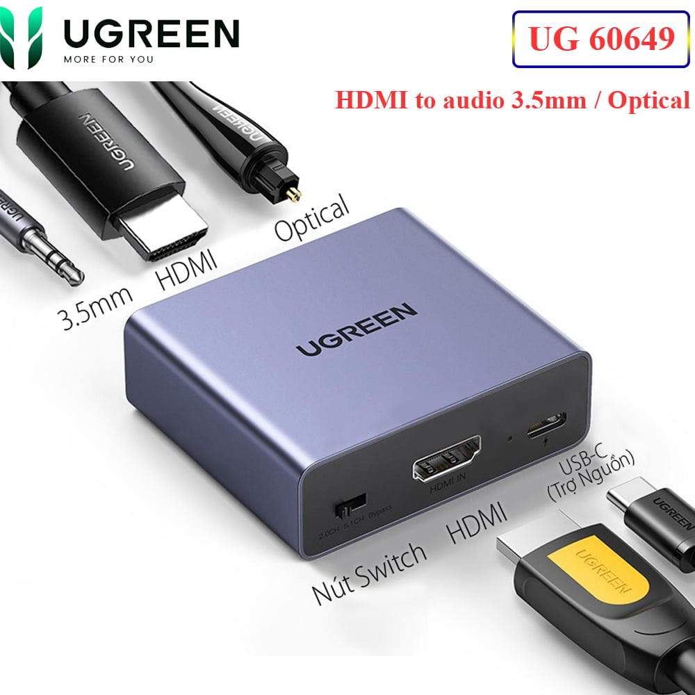 Bộ chuyển HDMI ARC ra audio 3.5mm , audio quang SPDIF , HDMI 4K@30Hz Ugreen 60649 CM531