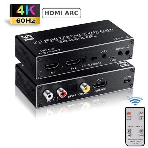 Switch HDMI 2 vào 1 ra chuẩn 2.0 4K@60Hz tách âm thanh HDMI ra Audio 3.5mm quang RCA có HDMI ARC OZV2
