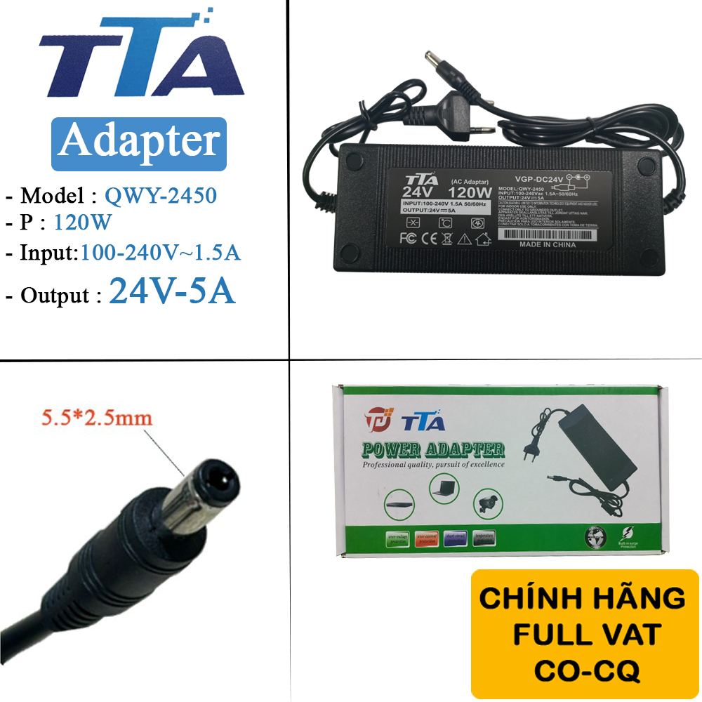 Nguồn adapter 24V-5A 5.5 x 2.5mm chính hãng TTA QWY-2450