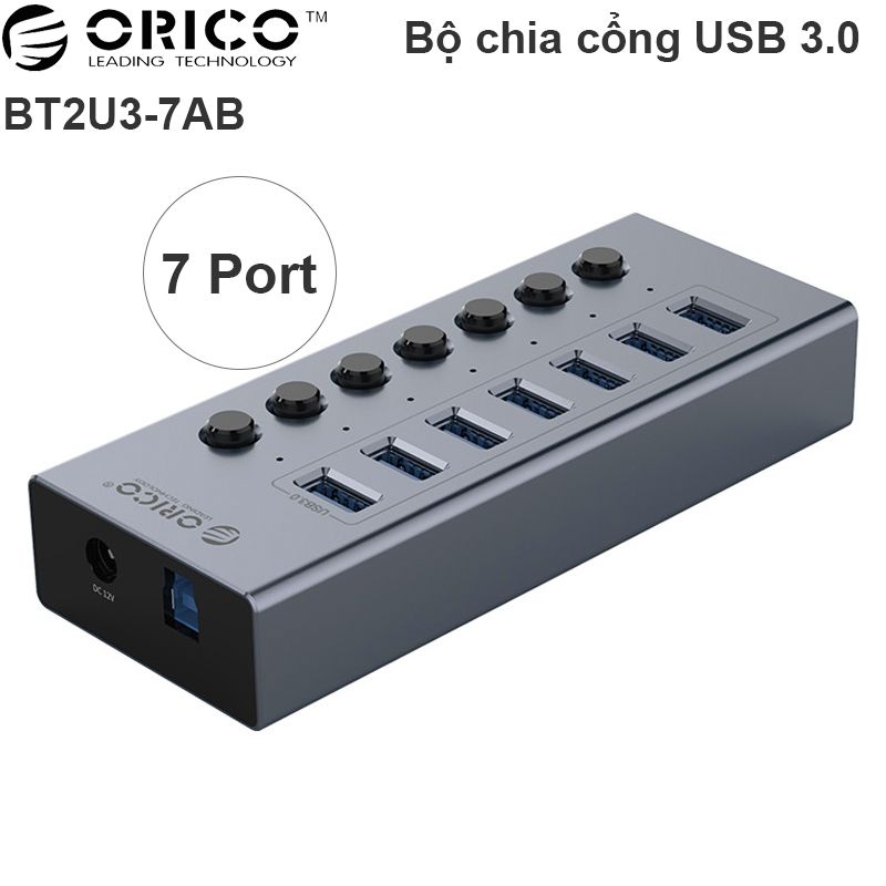 Bộ chia USB 3.0 7 cổng nguồn ngoài 12V vỏ nhôm Orico BT2U3-7AB