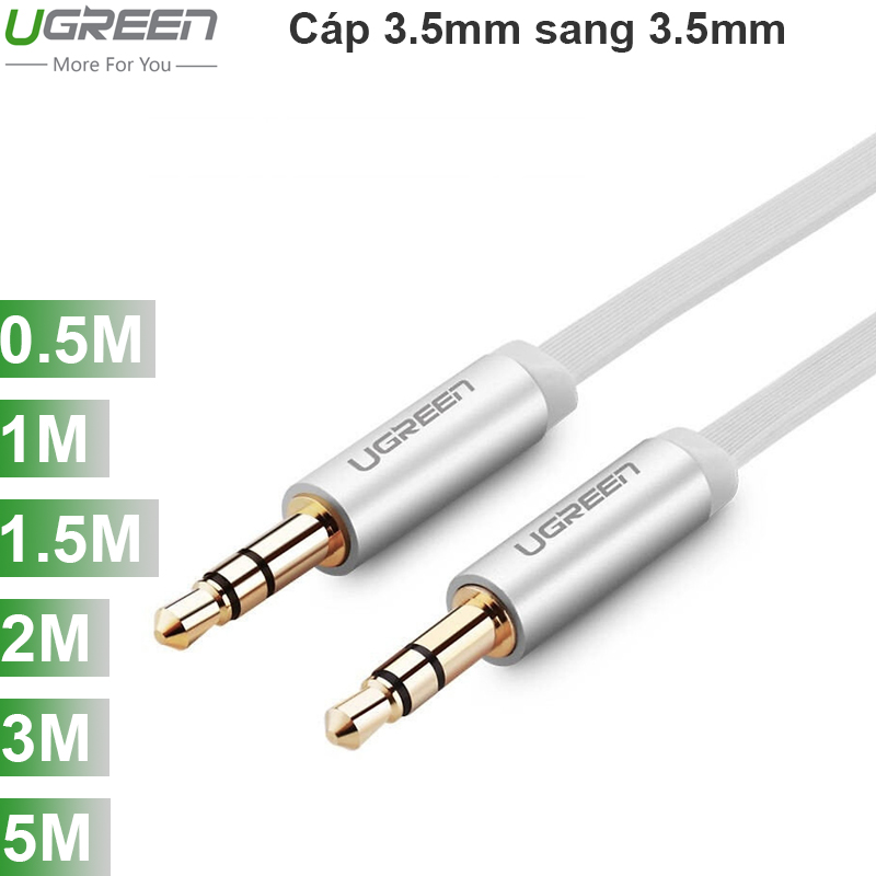 Cáp Audio 3.5mm Ugreen 0.5M 1M 1.5M 2M 3M 5M (dẹt mỏng màu trắng)