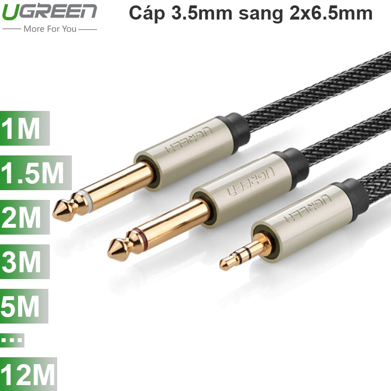 Cáp âm thanh audio 3.5mm sang 2 6.5mm UGREEN 0.5M 1M 1.5M 2M 3M 5M 8M 10M 12M