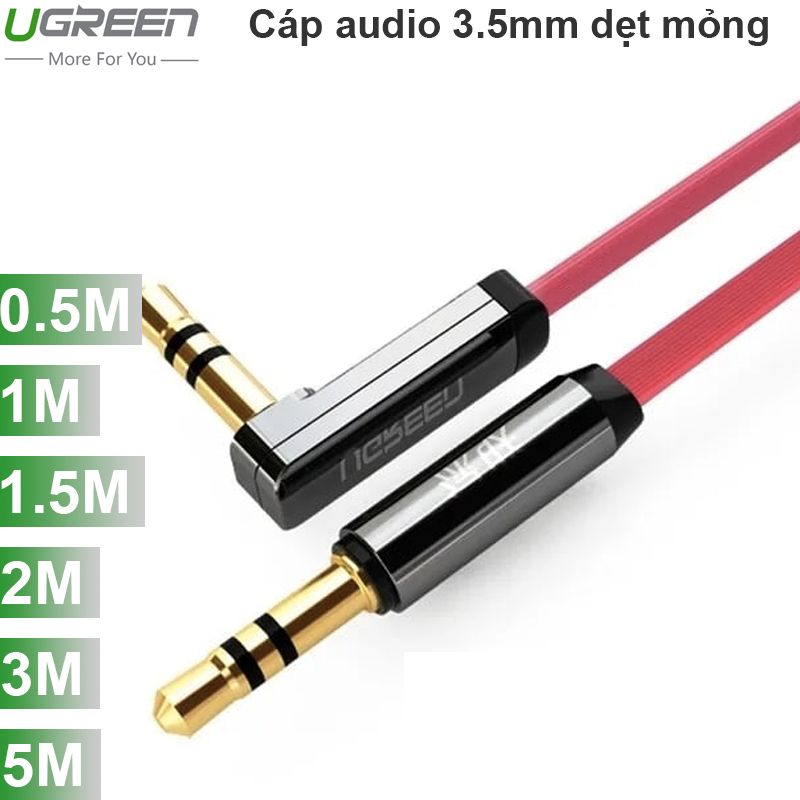 Cáp Audio âm thanh 3.5mm bẻ góc Ugreen 0.5M 1M 1.5M 2M 3M 5M (dẹt mỏng màu đỏ)
