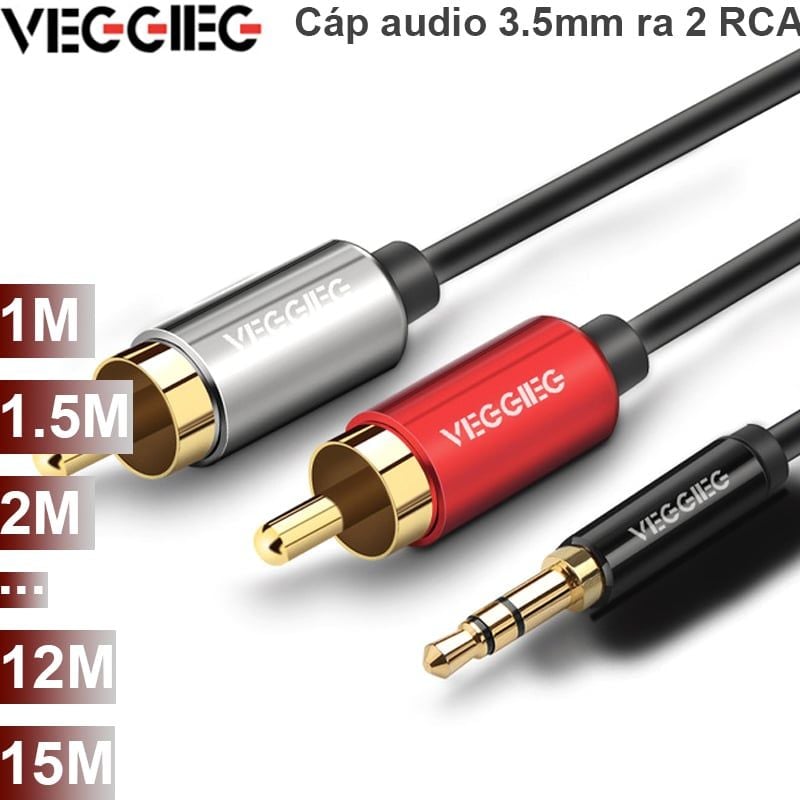 Cáp Audio 3.5mm to 2 RCA - Dây âm thanh 1 đầu 3,5mm ra 2 đầu AV hoa sen Veggieg 1M 1.5M 2M 3M 5M 10M 12M 15M