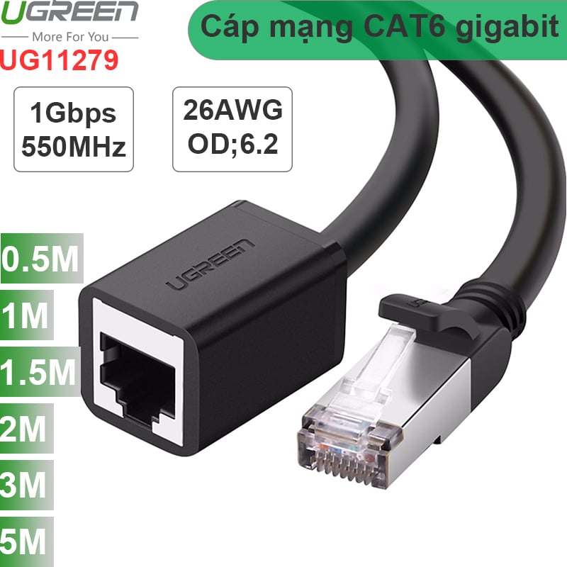Cáp mạng LAN SSTP nối dài 1 đầu đực 1 đầu cái CAT6 gigabit UGREEN 0.5M | 1M | 1.5M | 2M | 3M | 5M mạ vàng 24k