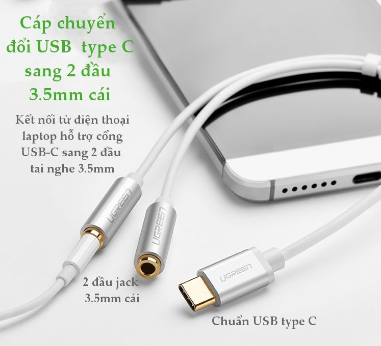  Cáp USB Type C ra 2 cổng Audio 3.5mm tai nghe 20cm Ugreen 30732 