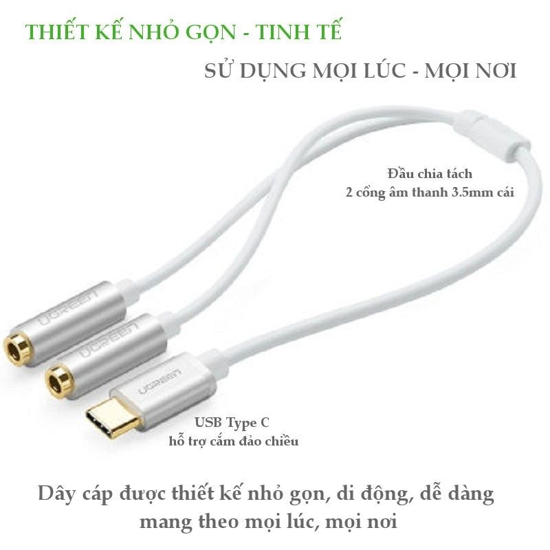  Cáp USB Type C ra 2 cổng Audio 3.5mm tai nghe 20cm Ugreen 30732 