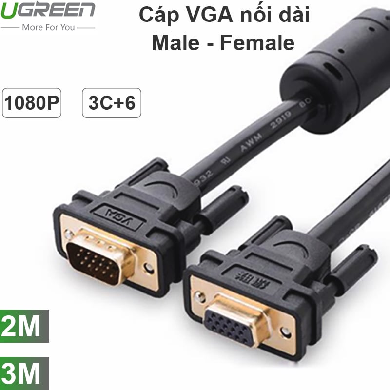 Cáp VGA UGREEN nối dài 1 đầu đực 1 đầu cái 2M | 3M đầu cáp mạ vàng 24k chống nhiễu