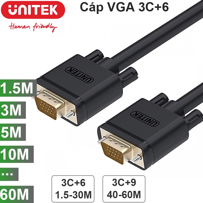 Cáp VGA Unitek 1.5M 3M 5M 10M 15M 20M 25M 30M 40M 50M 60M, chuẩn 3C+6, 3C+9