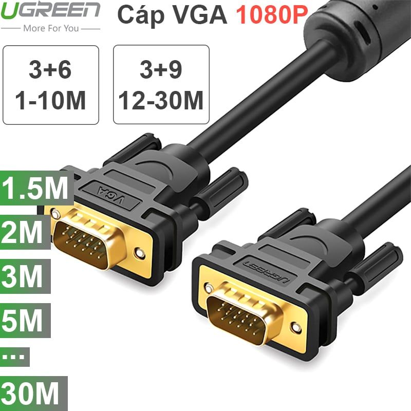 Cáp VGA UGREEN chuẩn 3C+6 3C+9 đầu cáp mạ vàng, cáp tròn 1.5M 3M 5M 8M 10M 12M 15M 20M 30M