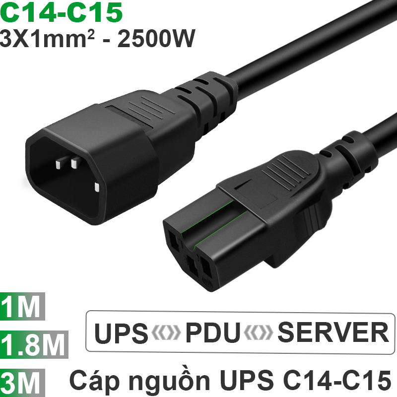 Dây cáp nguồn C14 C15 - Cáp nguồn UPS - DPU C15 C14 3x1mm 10A-250V 1 mét 1.8 mét 3 mét