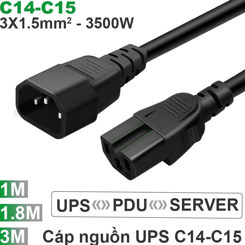 Dây cáp nguồn C14 C15 - Cáp nguồn UPS - DPU C15 C14 3x1.5mm 10A-250V 1 mét 1.8 mét 3 mét