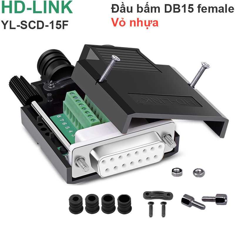 Đầu bấm cổng DB15 cái female bắt vít kèm vỏ ốp nhựa chân đồng HD-LINK YL-SCD-15F