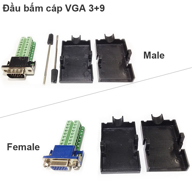 Đầu bấm cáp VGA 3+9 Female - Male, Đầu bấm cáp phụ kiện điện tử Hà Nội