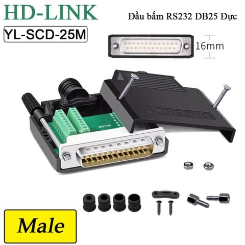 Đầu bấm cổng DB25 đực male bắt vít kèm vỏ ốp nhựa HD-LINK YL-SCD-25M