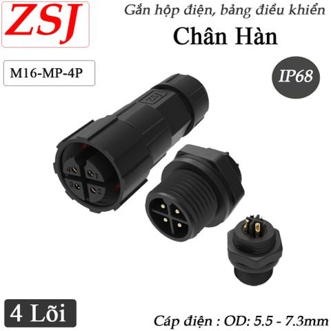 Đầu nối dây điện chống nước lắp bảng điều khiển chuẩn IP68 chính hãng ZSJ M16-MP-4P chân Hàn