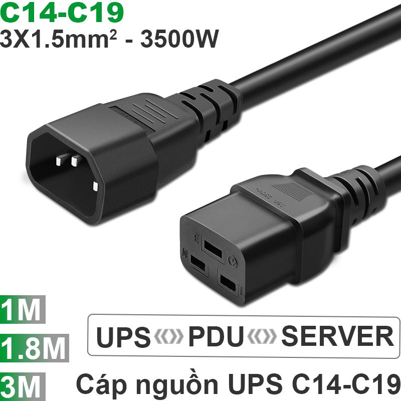 Cáp nguồn C14 C19 - Cáp nguồn UPS - DPU C19 C14 3x1.5mm 10A-250V 1 mét 1.8 mét 3 mét