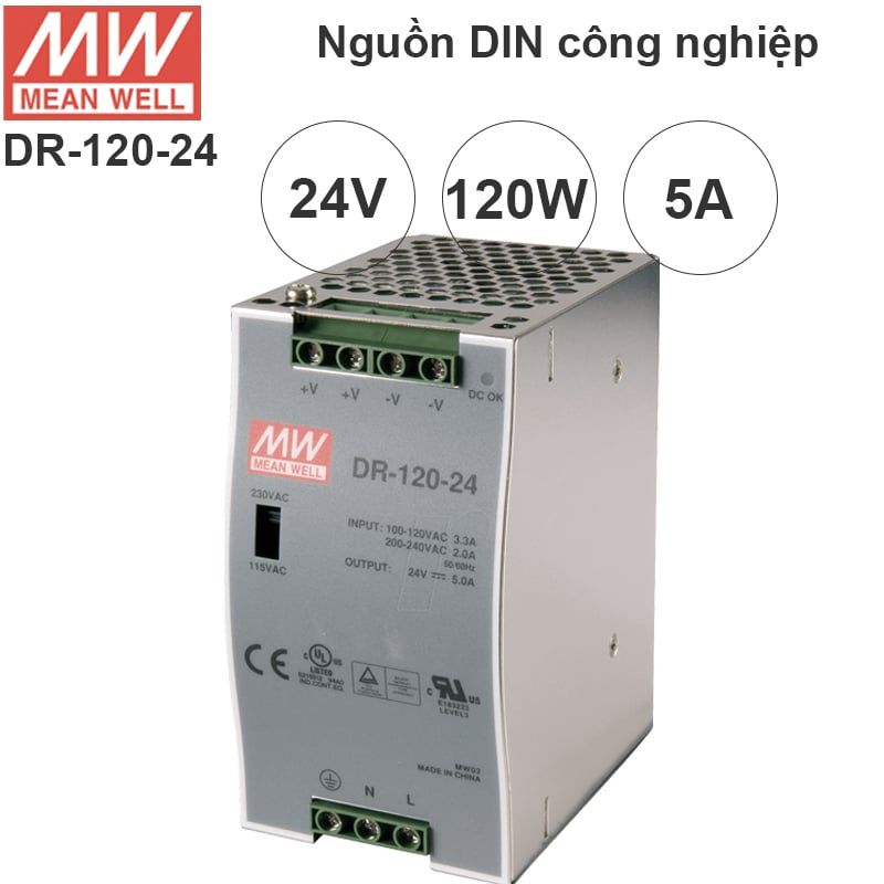  Nguồn DIN 120W công nghiệp 24V- 5A Meanwell DR-120-24 