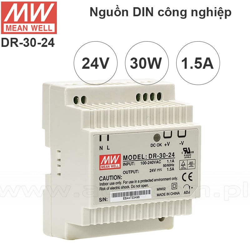 Nguồn DIN công nghiệp 30W 24V 1.5A Meanwell DR-30-24