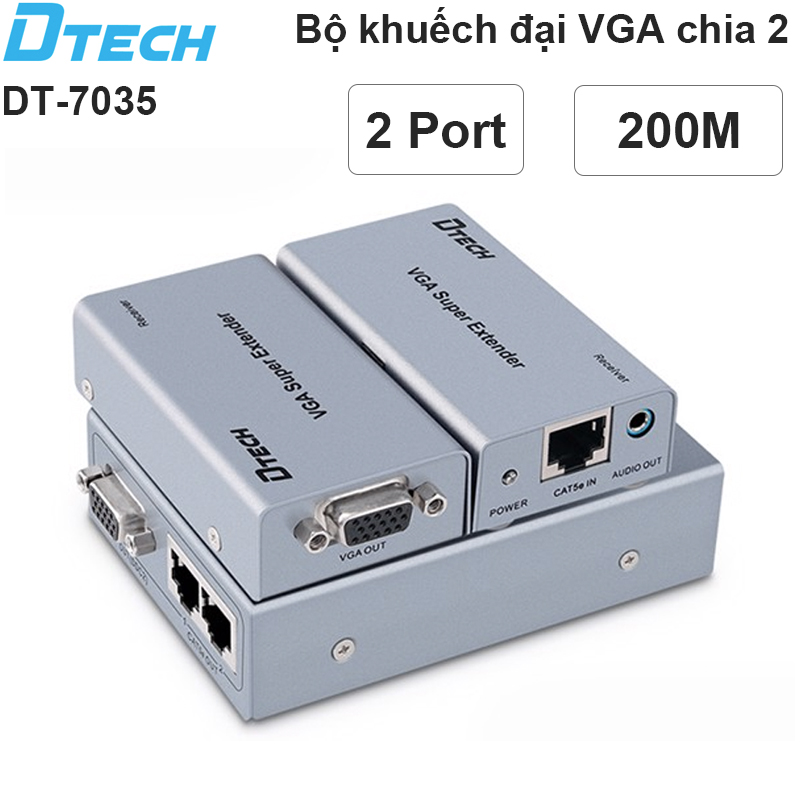 Bộ khuếch đại và chia VGA audio 1 ra 2 200 mét DTECH DT-7035