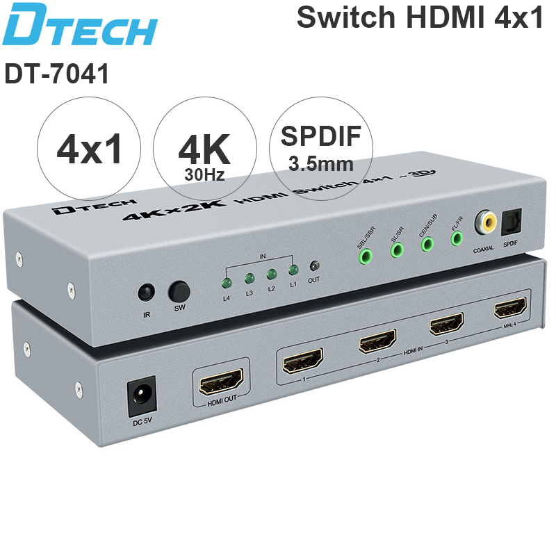 Switch HDMI 4x1 4K 30Hz Amplifier audio SPDIF Coaxia 3.5mm 5.1CH Dtech DT-7041