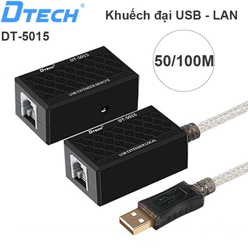 Bộ chuyển đổi USB sang RJ45 DTECH DT-5015. Nối dài tới 50m khi dùng cho máy in, usb flash và 100m dùng cho chuột, bàn phím