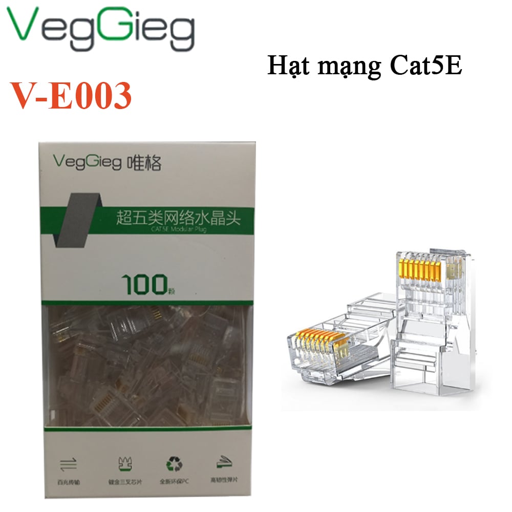 Hạt mạng, đầu bấm mạng CAT5E UTP VegGieg V-E003 ( hộp 100 hạt )