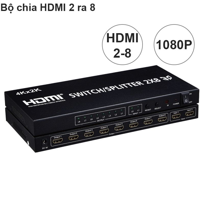 Bộ chia HDMI 2 vào 8 ra  full HD 1080P có điều khiển