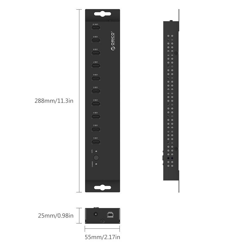  Bộ chia USB 2.0 công nghiệp 20 cổng vỏ kim loại cấp nguồn ngoài Orico IH20P 