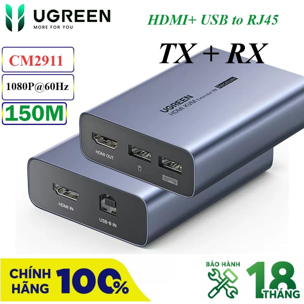 Bộ kéo dài KVM HDMI + USB qua cáp mạng 150M Ugreen CM291 - 60323 + 70438