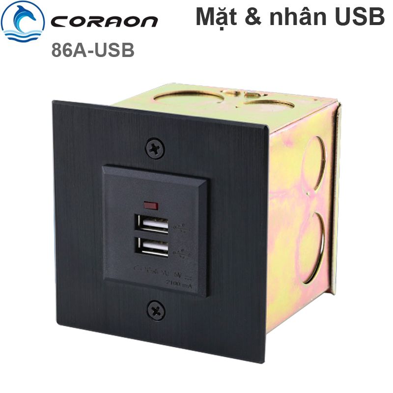 Ổ cắm điện USB 2 cổng kèm mặt nhôm vuông lắp âm tường âm sàn Coraon 86A-USB