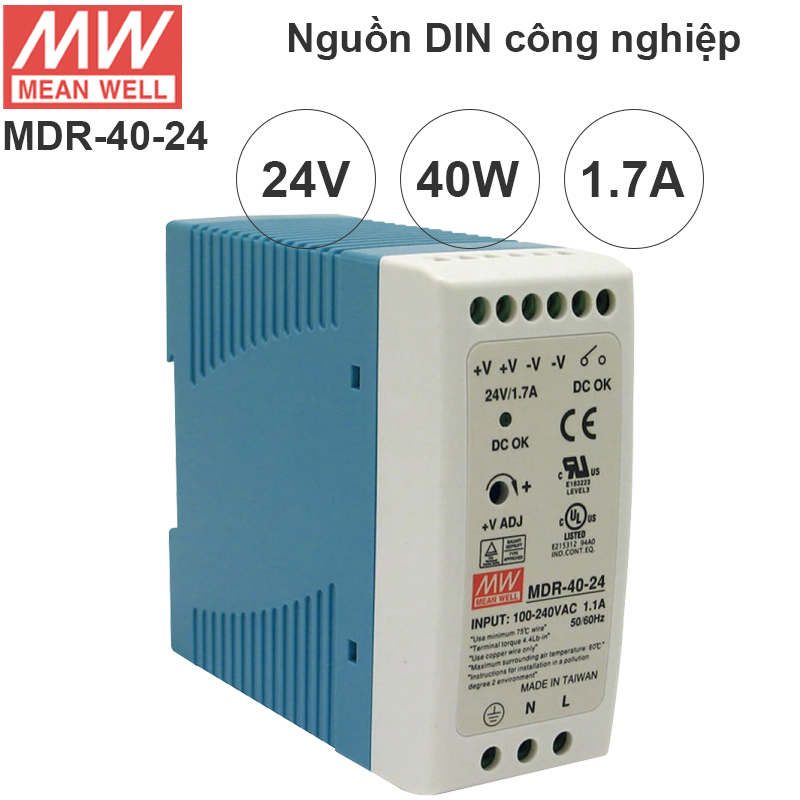 Nguồn DIN công nghiệp 40W 24V- 1.7A Meanwell MDR-40-24